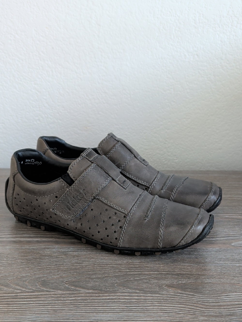 Like New Rieker Leather Grey Shoes Square Toe Velcro Close Rugged Soles 44 10.5